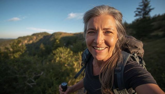 Smiling mature woman hiking golden hour on scenic ridge with backpack and trekking pole