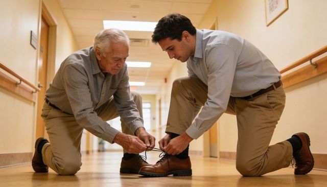 Adult caregiver helping senior man tie leather boots in warm well lit care home corridor