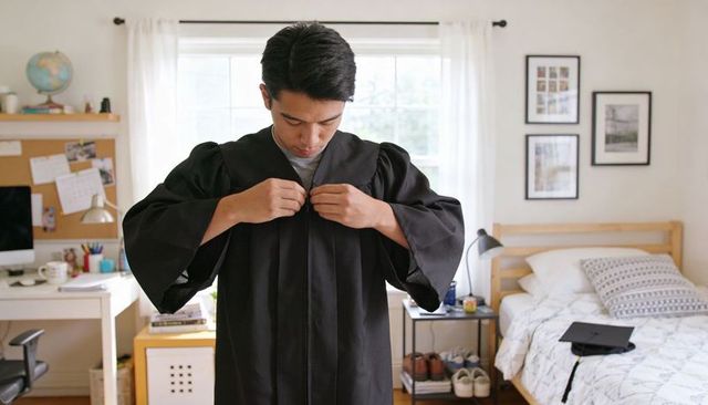Asian man fastening black graduation gown in bedroom preparing for commencement ceremony