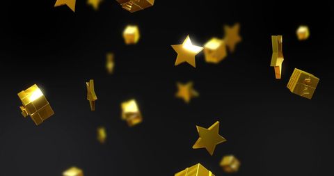 Floating Gold Stars and Gift Boxes on Dark Background