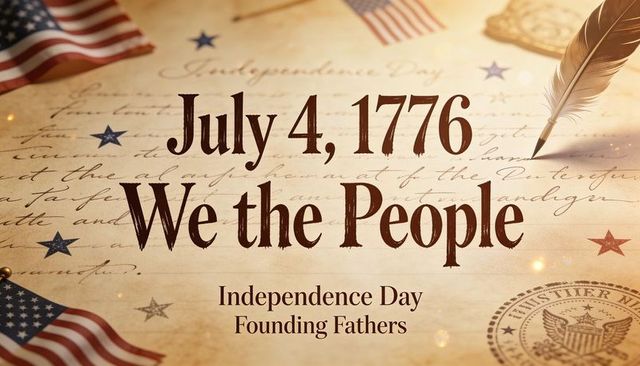July 4, 1776 we people vintage parchment with quill and flag patriotic typography