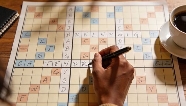 Hand writing crossword with pen and coffee on wooden table, cozy morning puzzle moment