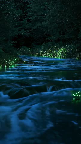 Advancing River Flowing Through Forest with Bioluminescent Green Glow | Vertical Video