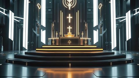 Illuminated sacred god altar in futuristic cathedral setting