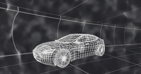 Futuristic 3d wireframe car model in virtual grid environment