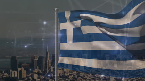 Greek Flag with Modern Cityscape and Digital Network Overlay