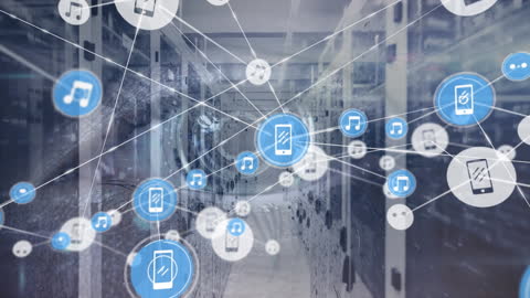 Digital Network Connections in Server Room with Virtual Icons