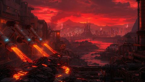 Dystopian Industrial Landscape with Molten Metal Rivers