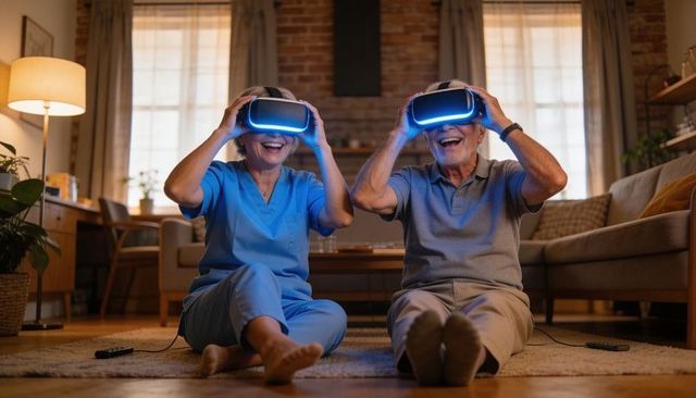 Senior couple exploring virtual reality together wearing vr headsets in cozy living room