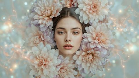 Beautiful lady surrounded by pastel dahlias and ethereal lights
