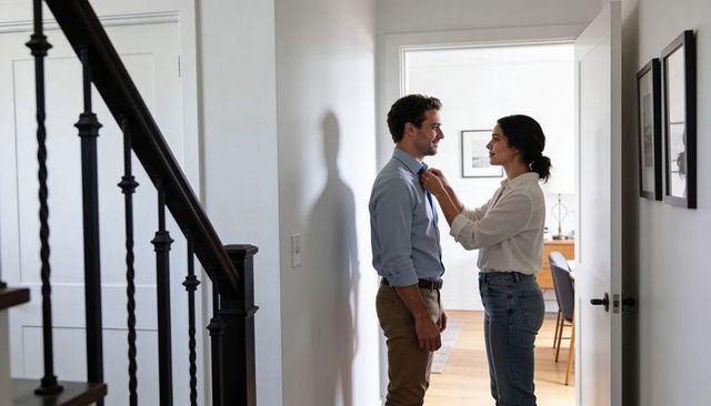 Woman adjusting partner's tie in sunlit hallway near staircase, modern home intimacy