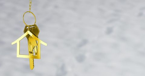 Golden key with house keychain on gray background