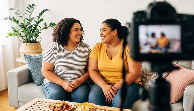 Friends recording cozy vlog laughing and chatting on sofa with snacks for social media