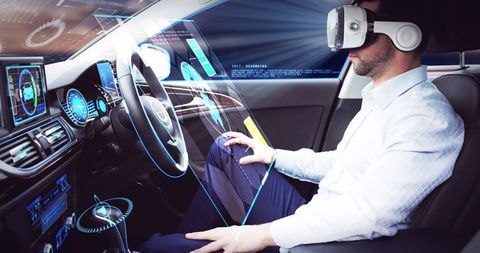 Businessman Wearing VR Headset in Autonomous Car with Digital Interface - Download Free Stock Images Pikwizard.com