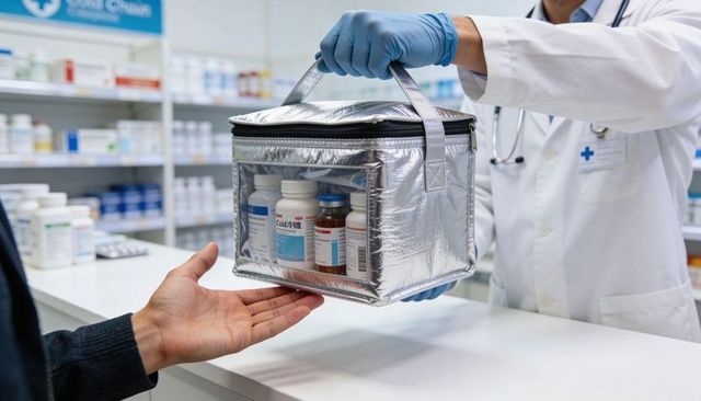 Pharmacist handing insulated thermal medication bag with prescription bottles at pharmacy