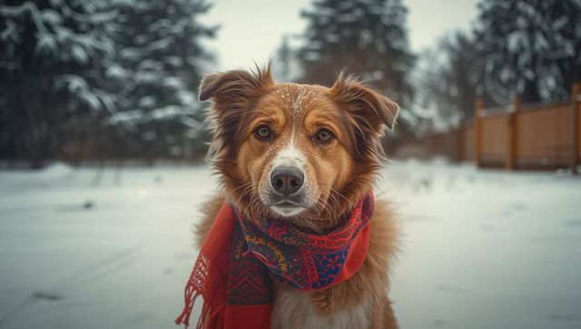 Dog with festive scarf in snowy backyard