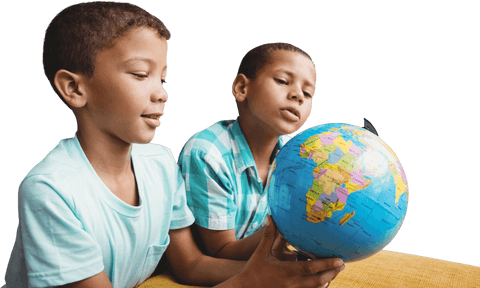 Transparent boys exploring world globe together