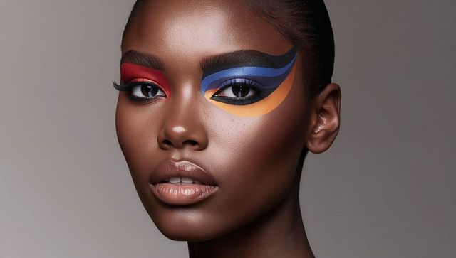 Showcasing bold duotone graphic eye makeup on dark-skinned model with glossy lips