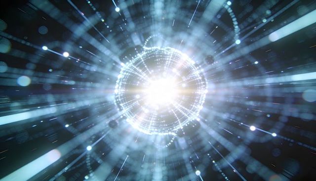 Pulsing Glowing Spherical Core Radiating Mesh Nodes and Radial Light Beams in Cyber Void