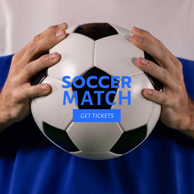 This image of an athlete holding a soccer ball with promotional text 'Soccer Match' and 'Get Tickets' is perfect for advertisements, event promotions, and social media marketing for upcoming soccer events. Ideal for use by sports teams, event organizers, and ticketing platforms.