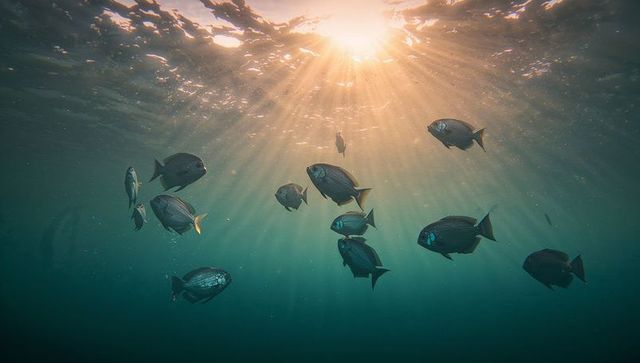 Gliding sunlit school of fish in teal midwater with dramatic sunbeams and serene sun rays