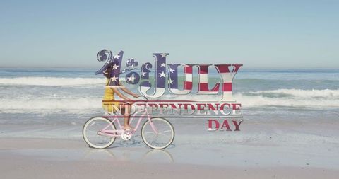 4th July Beach Celebration: Woman Biking with American Flag Overlay