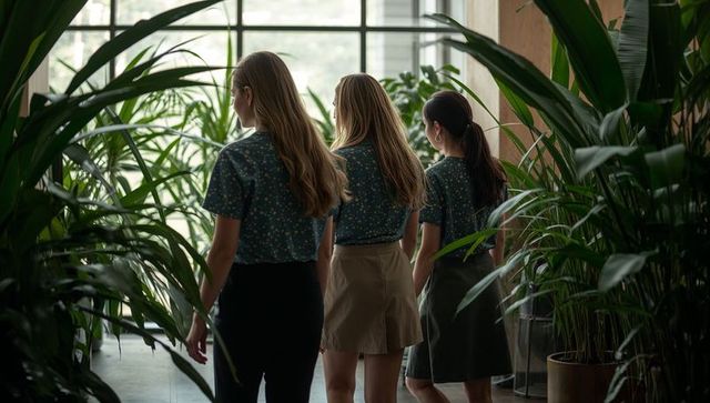Three women wearing matching shirts exploring indoor plant atrium with sunlit grid window