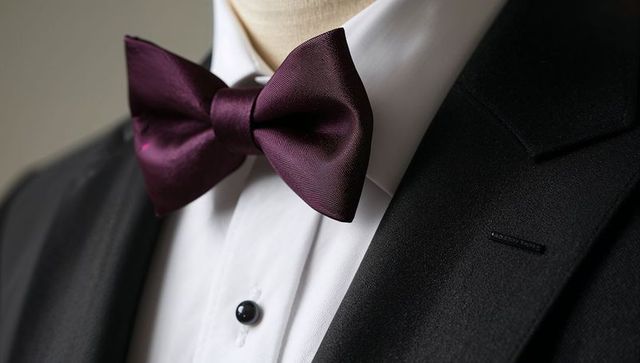 Burgundy satin bow tie on black tuxedo collar close-up for formal menswear luxury detail