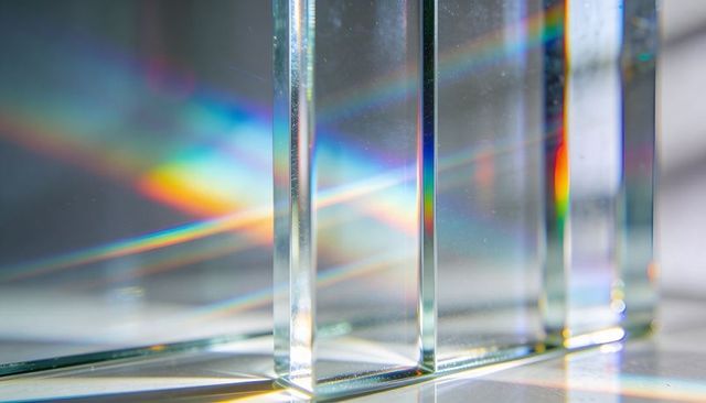 Glass prism trio refracting vibrant rainbow bands across glossy tabletop with reflections