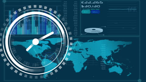Animated Clock with Global Financial Data Interface Background