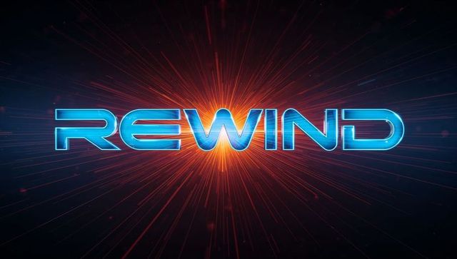 Neon REWIND 3D Retro-Futuristic Wordmark with Orange Energy Burst and Space Backdrop