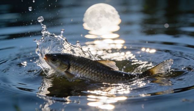 Leaping freshwater carp under moonlit reflection creating dramatic splash and ripples