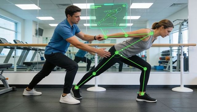 Trainer guiding female client through deep lunge with ai posture tracking and alignment