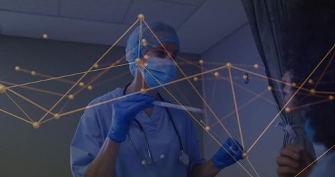 Nurse conducting covid-19 nasal swab test with digital network overlay for telehealth