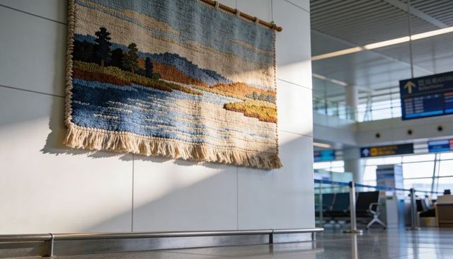 Woven lakeshore tapestry hanging in modern airport terminal with fringed hem