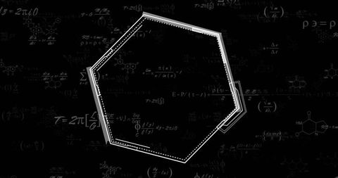 Displaying heptagon blueprint on dark chalkboard with math equations and molecular diagrams