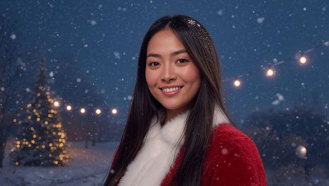 Smiling Woman in Festive Snowy Scene with Christmas Lights