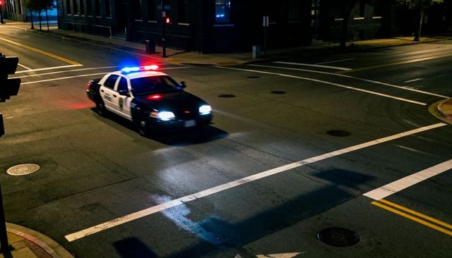 Marked police patrol car flashing red and blue lights cruising urban intersection at night