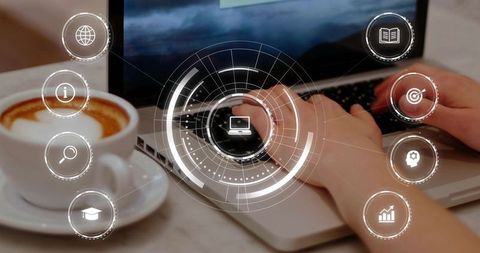 Typing on Laptop at Cafe with Virtual HUD Interface, Coffee Cup and Productivity Icons