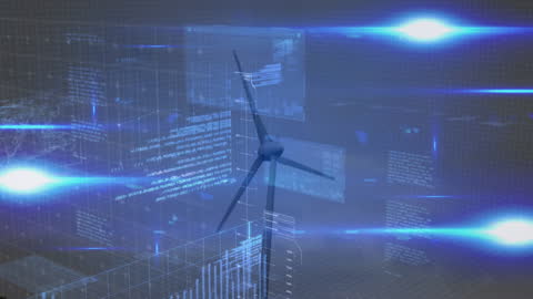 Futuristic Data Processing Over Wind Turbine Animation