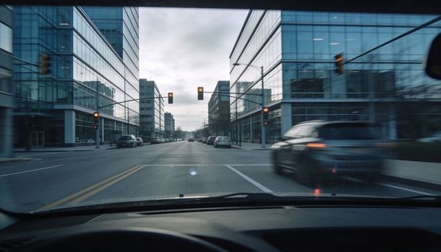 Driving through downtown glass towers during morning commute with motion blur
