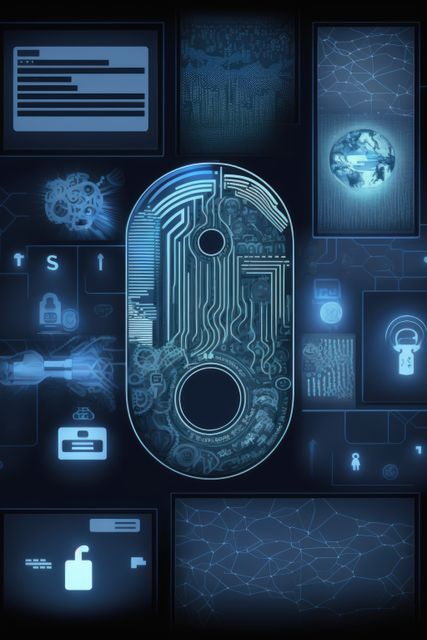 This visually striking scene depicts a futuristic digital security interface. The artwork features a primary circuit board surrounded by various data symbols, lock icons, and network graphics depicted in a neon blue hue. Ideal for illustrating articles or presentations about cybersecurity, technology advancements, data protection, hacking prevention, and AI in tech journals, blogs, websites, and promotional materials related to software and digital security solutions.