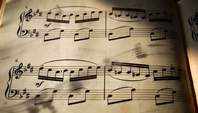 Sunlit vintage piano sheet music showing treble and bass clefs with plant shadow