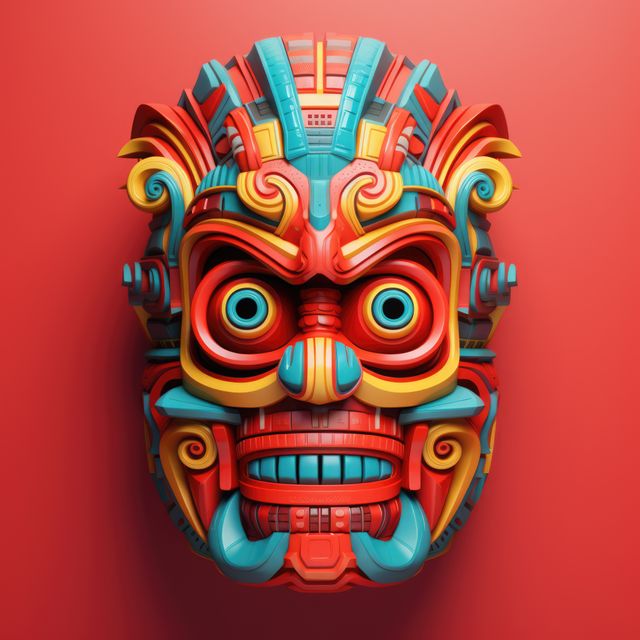 Display of an intricate and colorful Aztec mask on a vivid red background, representing traditional indigenous art and heritage. Useful for cultural and educational content, artistic projects, and as a striking visual for websites or promotional materials exploring ancient civilizations and their artistry.