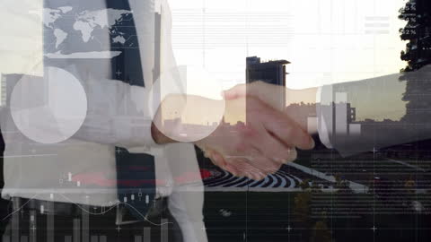 Diverse Businessmen Shaking Hands with Financial Data Overlay