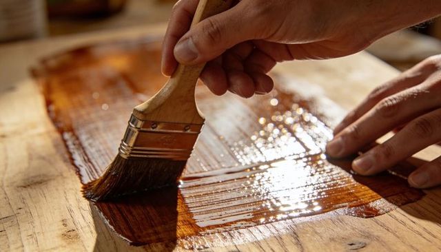 Hand applying dark varnish to wooden plank with brush close-up showing grain and gloss