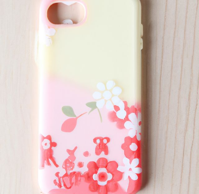 Close up of pink phone case with flowers on wodden background. Phone accessories, design and protection.