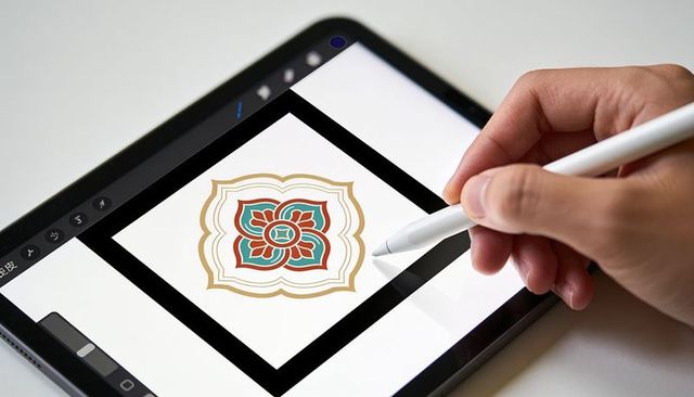 Hand tracing floral geometric motif on tablet with stylus for digital design