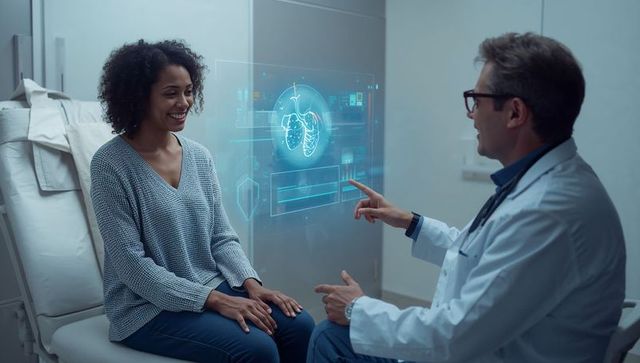 Doctor presenting holographic lung scan to smiling patient during modern clinic consultation