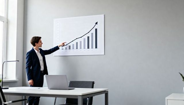 Executive pointing at rising growth chart in modern office during presentation